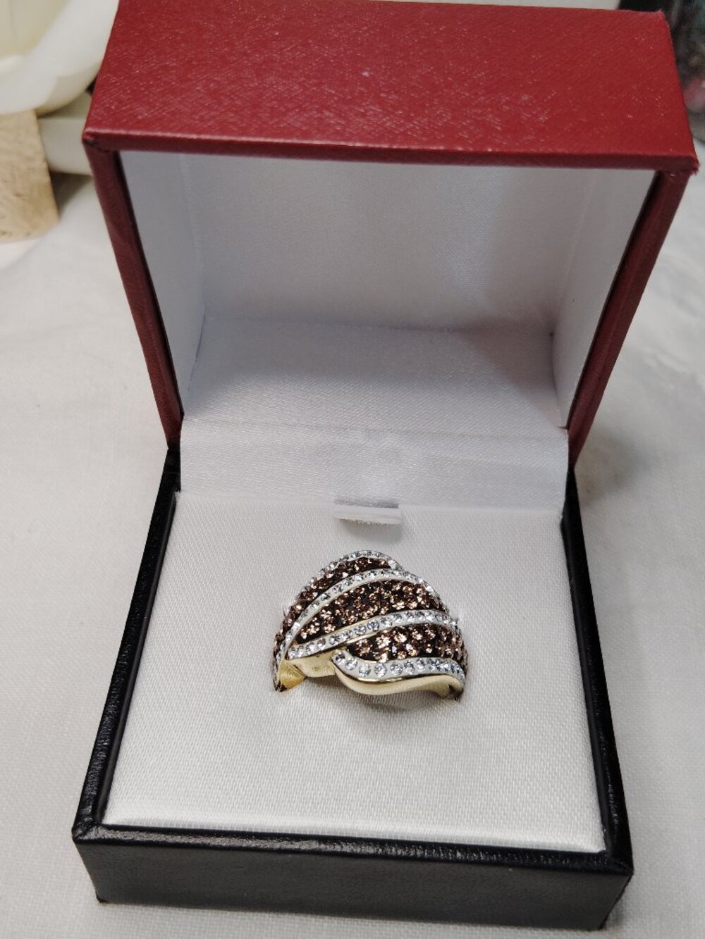 Vintage 8K Gold Electroplated Chocolate Rhinestone Ring • Size 6.5 • NIB